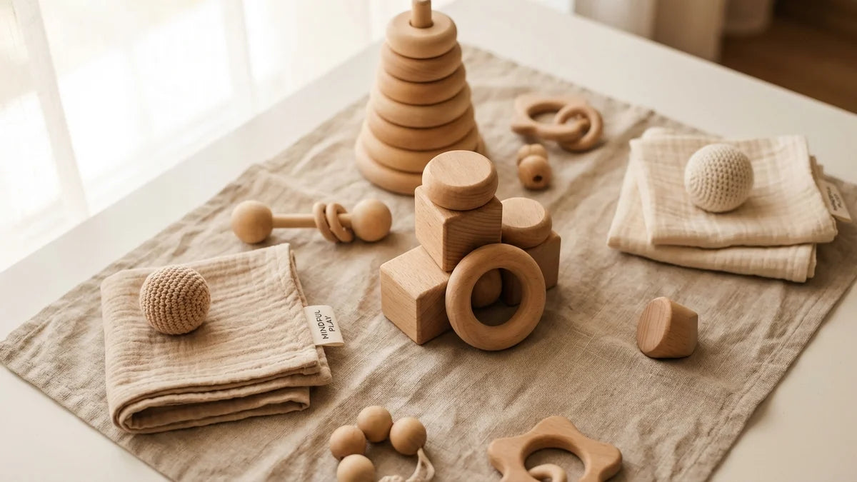 Jouets Montessori en bois naturel pour enfant 1 an sur surface neutre