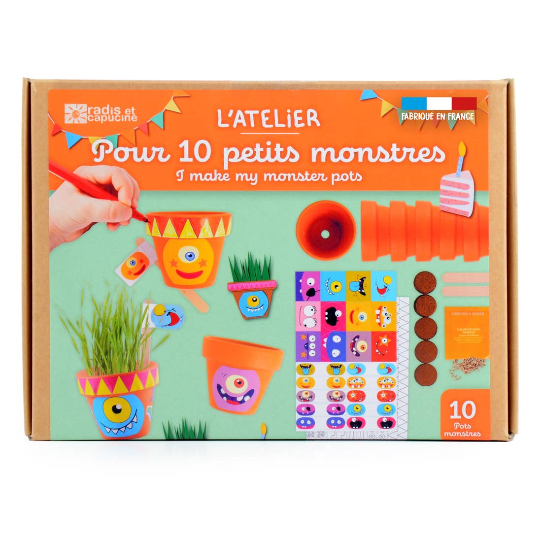 Coffret anniversaire - 10 petits pots monstres - Kit créatif de jardinage Enfant Radis Et Capucine Coffret anniversaire - 10 petits pots monstres - Kit créatif de jardinage Enfant myplayground