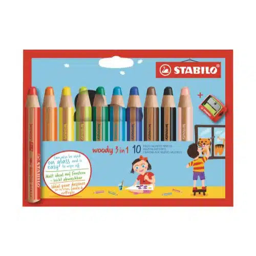 Lot de 10 crayons multi-talents STABILO woody 3 in 1 + 1 taille-crayon