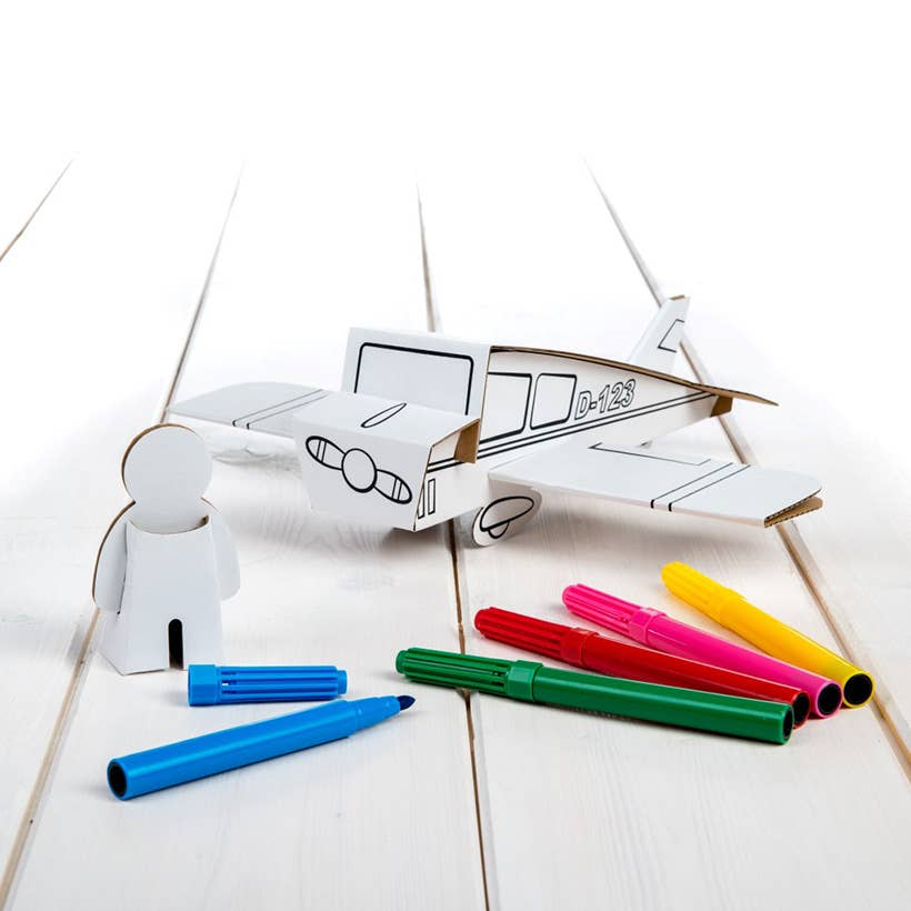 Avion en Carton avec Lignes Imprimées à Colorier - Jeu de Création Calafant myplayground