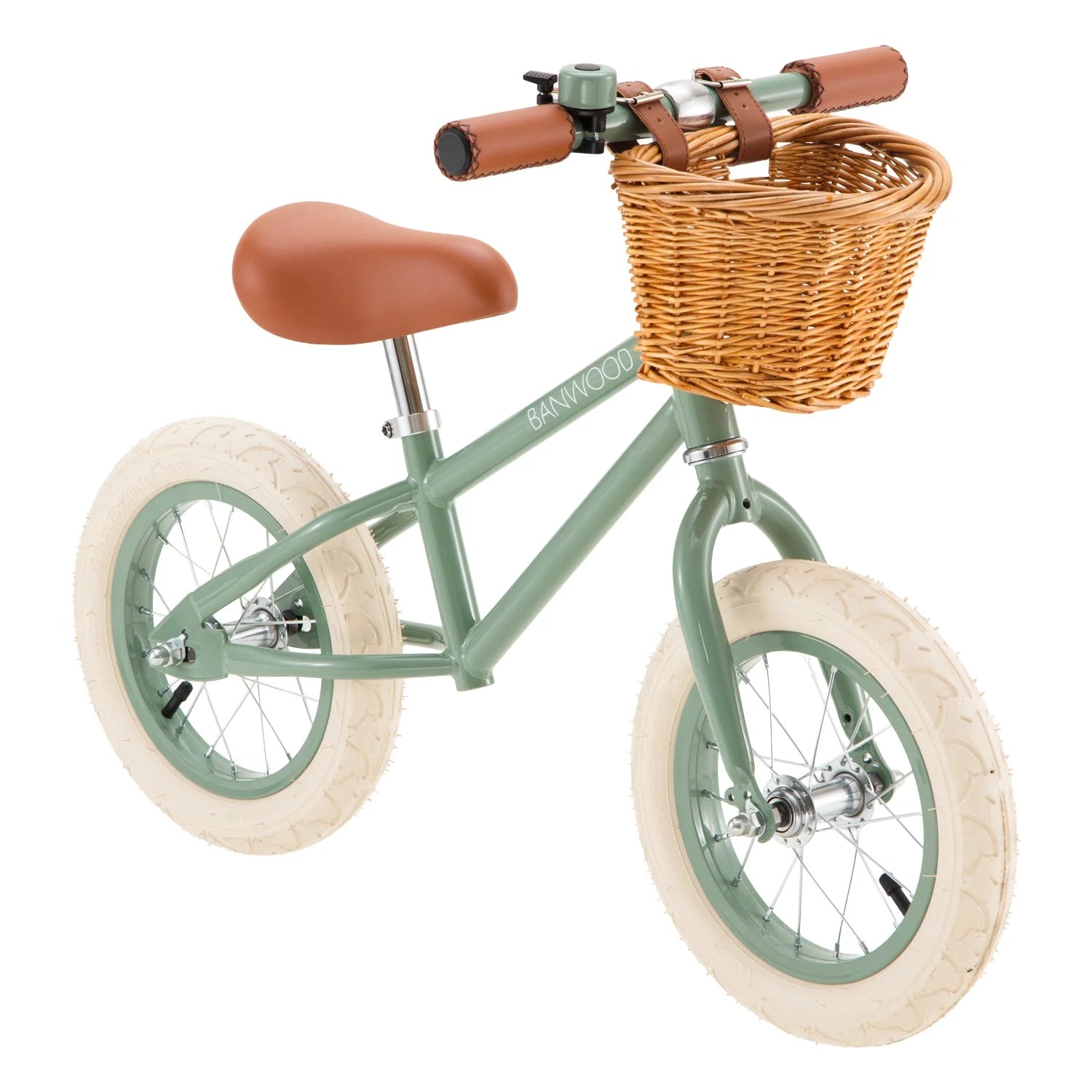 Draisienne Enfant Vert avec Panier en Osier et Stabilisateurs - Banwood - Jeu de Motricité de 3 à 5 Ans
