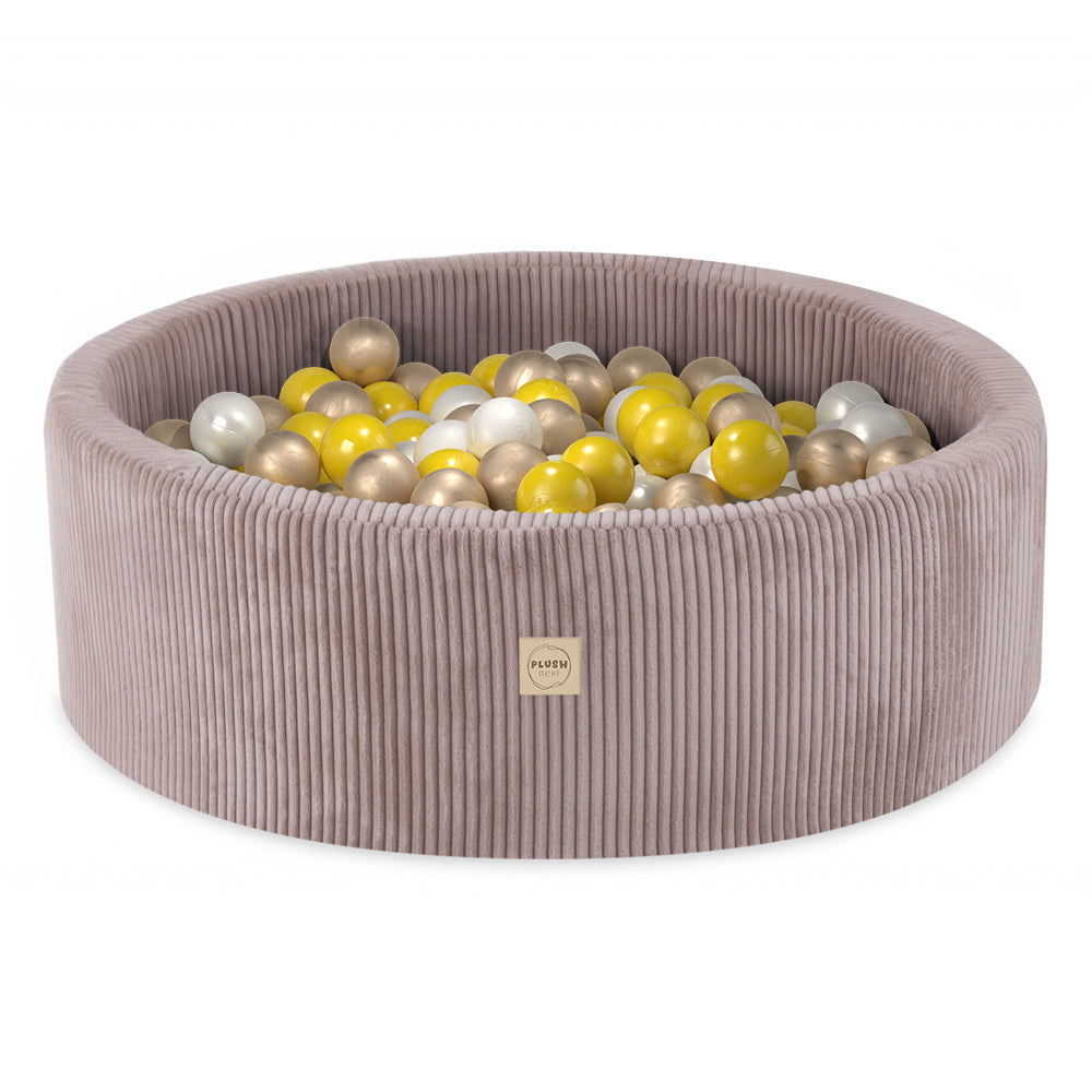 Piscine à balles - ronde 90x30 cm, velours côtelé beige (+ 200 boules perle, jaune, or) -Plush Nest- Misioo Misioo myplayground