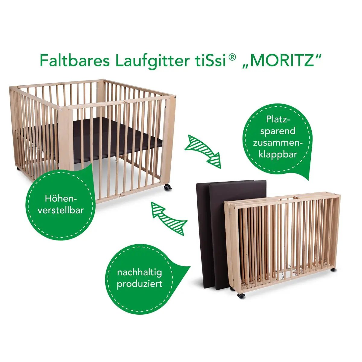 Parc bébé pliable Moritz en hêtre naturel, 89x85 cm – tiSsi