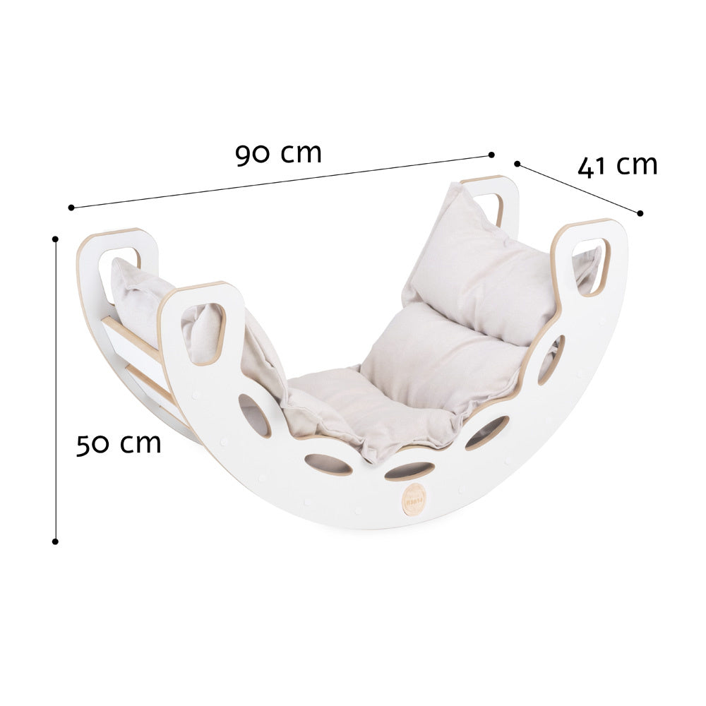 Bascule 4 en 1 - bois blanc, avec mur d’escalade, toboggan et coussin beige clair, motricité - Plush nest Misioo Misioo myplayground