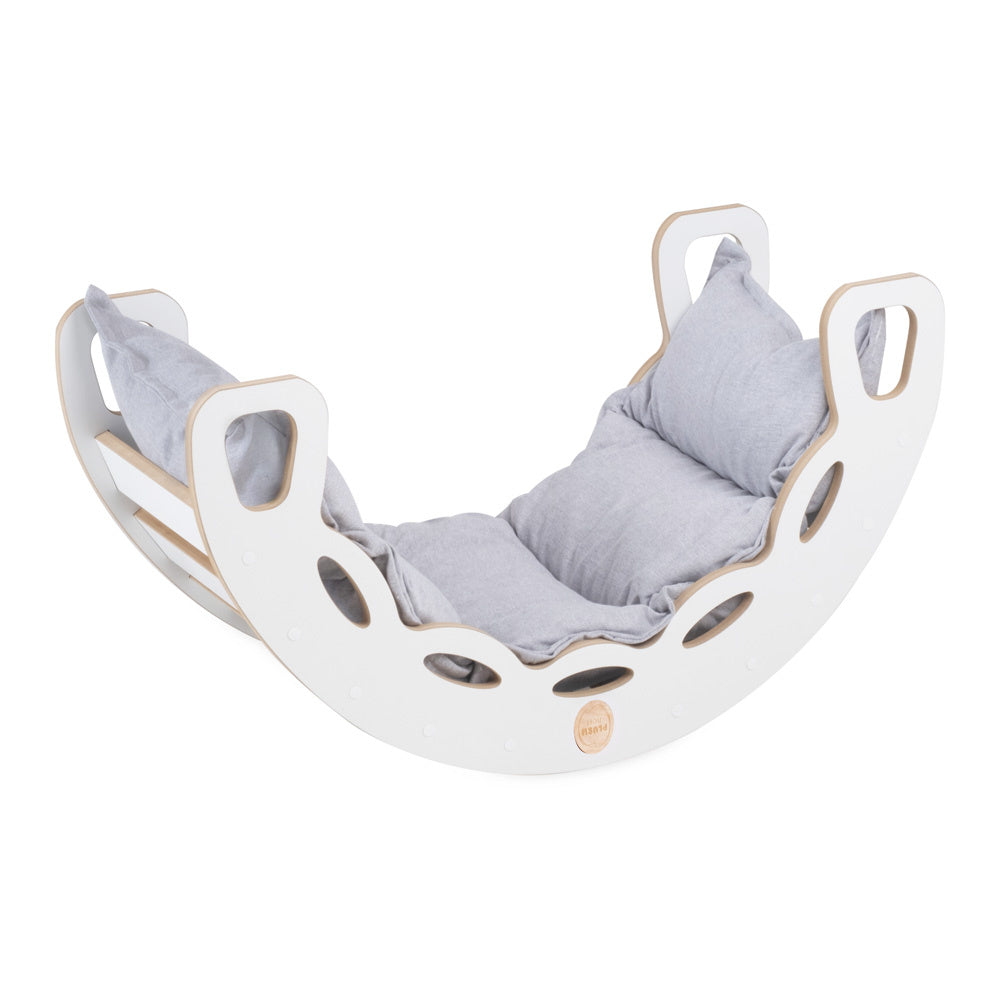 Bascule 4-en-1 enfant PLUSH NEST avec toboggan et coussin gris clair