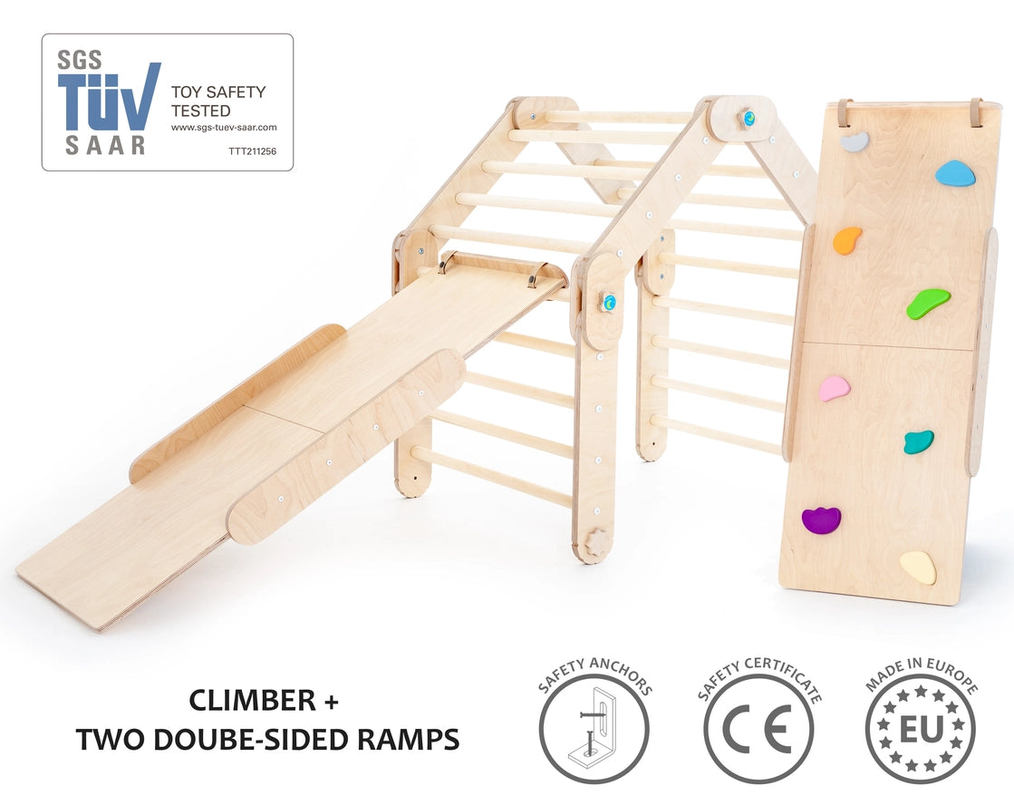 Triangle de Pikler Naturel Modifiable Avec Deux Rampes - Happymoon HappyMoon Triangle de Pikler Naturel Modifiable Avec Deux Rampes - Happymoon myplayground