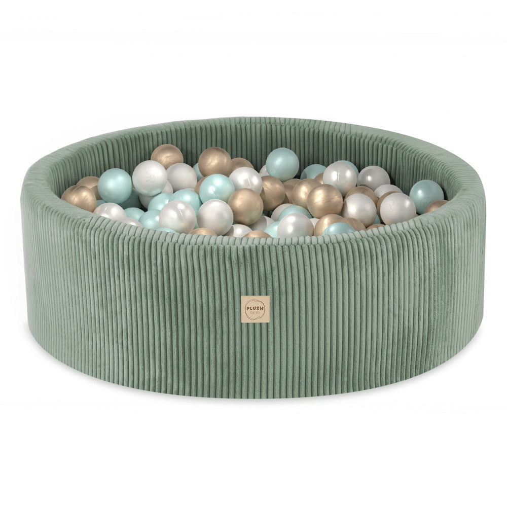 PLUSH NEST - Misioo - Piscine à balles, verte, ronde, velours côtelé, 90x30, 200 boules : perle, perle menthe, or Misioo PLUSH NEST - Misioo - Piscine à balles, verte, ronde, velours côtelé, 90x30, 200 boules : perle, perle menthe, or myplayground