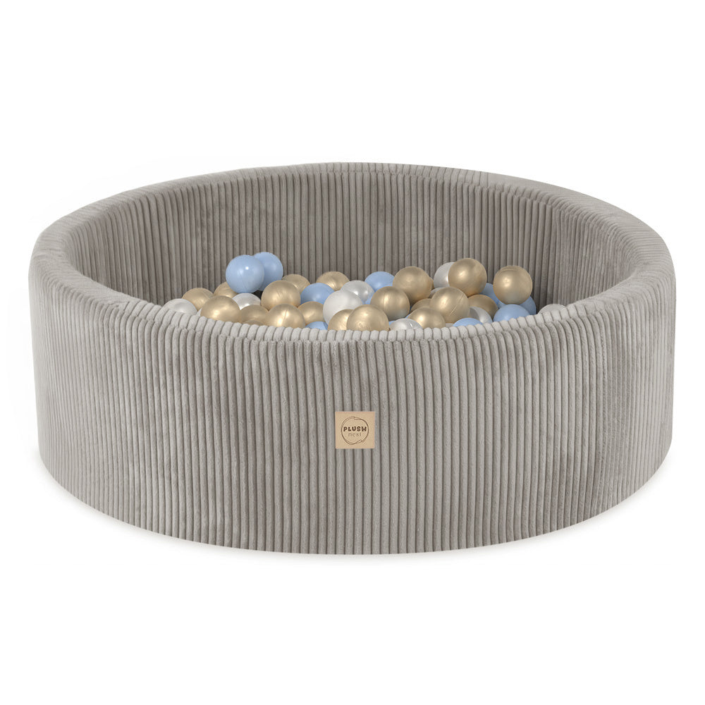 Piscine à balles - ronde 90x30 cm, beige velours côtelé (+ 200 boules perles, dorées, bleues ) – Plush Nest