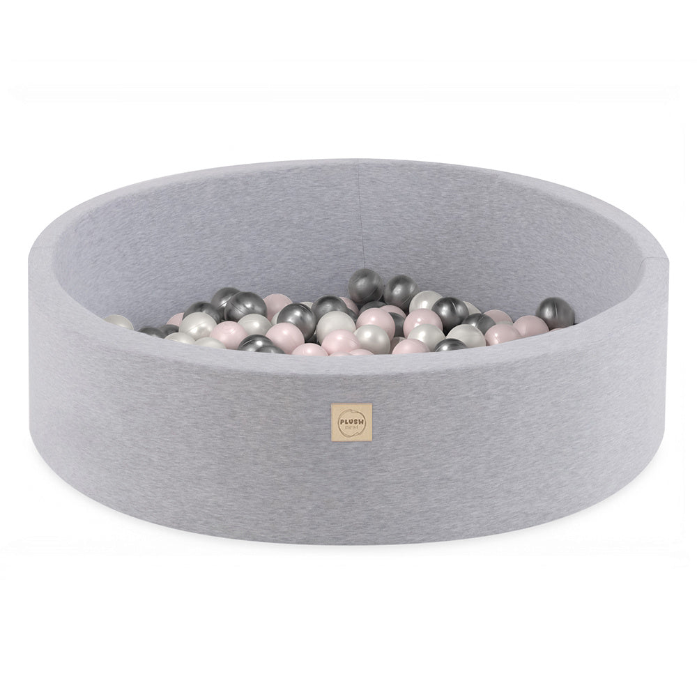 Piscine à balles - ronde 90x30 cm, gris clair en coton (+ 200 boules rose perle argent, perle) – Plush Nest Piscine à balles Misioo Piscine à balles en coton gris clair 90x30 cm – Avec 200 balles – Plush Nest myplayground