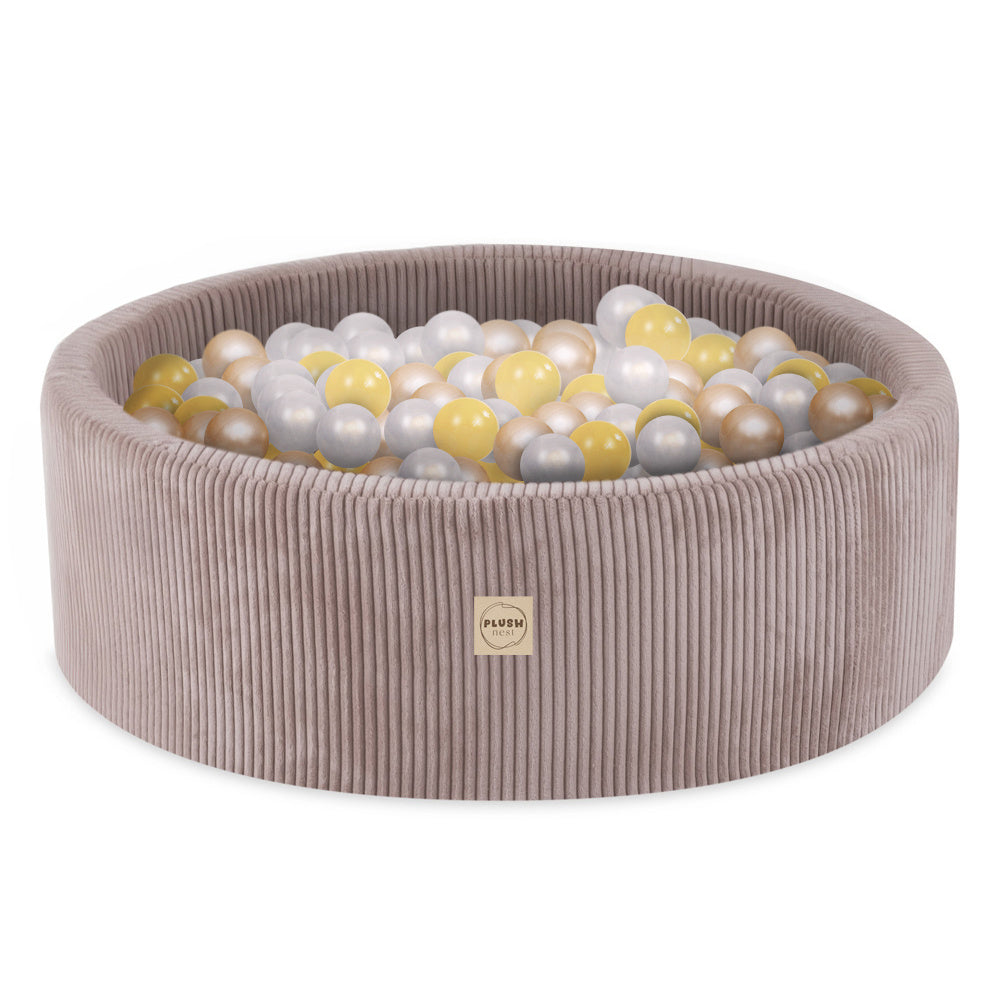 Terrain de jeu 3 éléments + dry pool 90x30 – Velours côtelé beige premium (+200 balles : perle, or, jaune), aire de jeux – Plush Nest Misioo myplayground