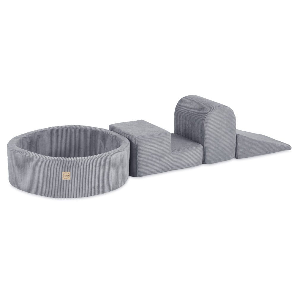 Terrain de jeu 3 éléments + dry pool 90x30 – Velours côtelé gris premium (+200 balles : perle, argent, bleu clair), aire de jeux – Plush Nest Misioo myplayground