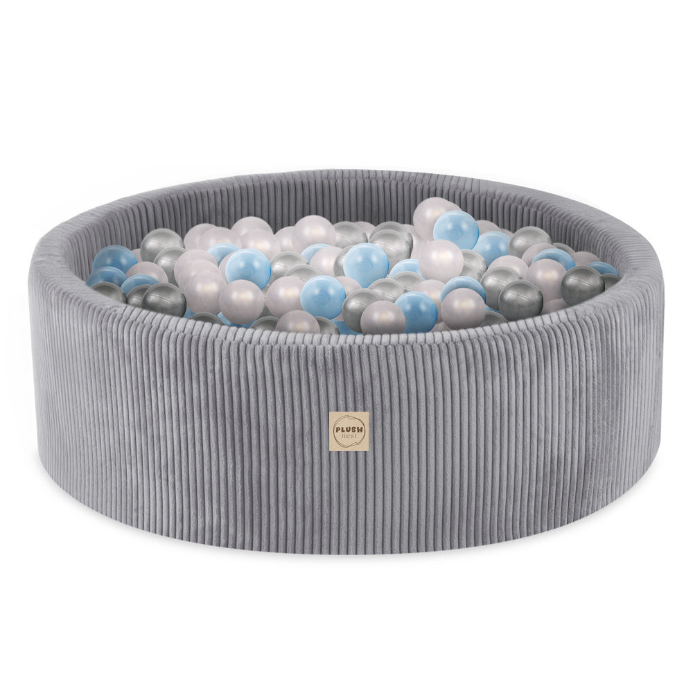 Terrain de jeu 3 éléments + dry pool 90x30 – Velours côtelé gris premium (+200 balles : perle, argent, bleu clair), aire de jeux – Plush Nest Misioo myplayground
