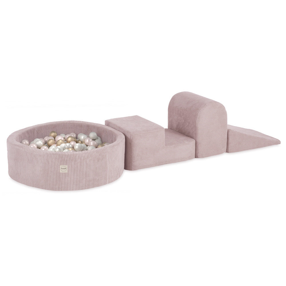 Terrain de jeu 3 éléments + dry pool 90x30 – Velours côtelé rose clair premium (+200 balles : perle, or, perle rose clair) , aire de jeux – Plush Nest Misioo myplayground