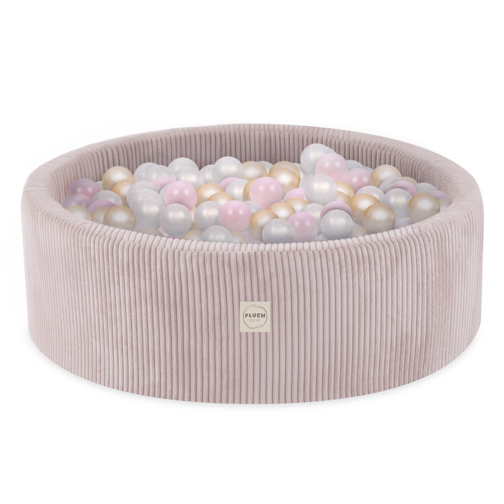 Terrain de jeu 3 éléments + dry pool 90x30 – Velours côtelé rose clair premium (+200 balles : perle, or, perle rose clair) , aire de jeux – Plush Nest Misioo myplayground