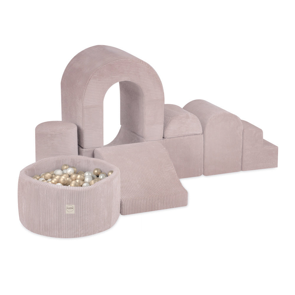 Château de terrain de jeu avec piscine +150 balles (perle, or) - Velours côtelé rose clair premium - PLUSH NEST Misioo Château de terrain de jeu avec piscine +150 balles (perle, or) - Velours côtelé rose clair premium - PLUSH NEST myplayground