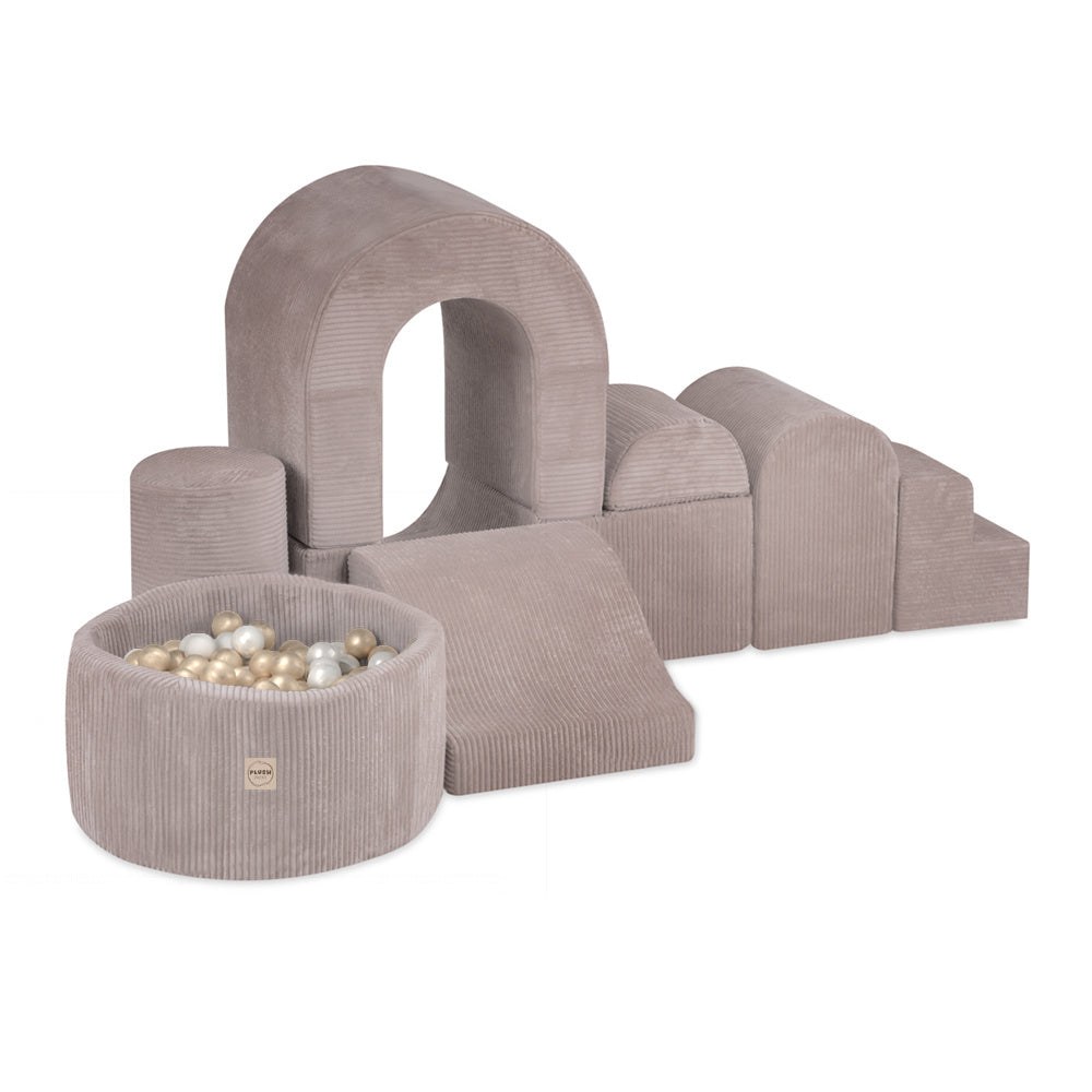 Château de terrain de jeu avec piscine +150 balles (perle, or) – Velours côtelé beige premium – Plush Nest Misioo myplayground