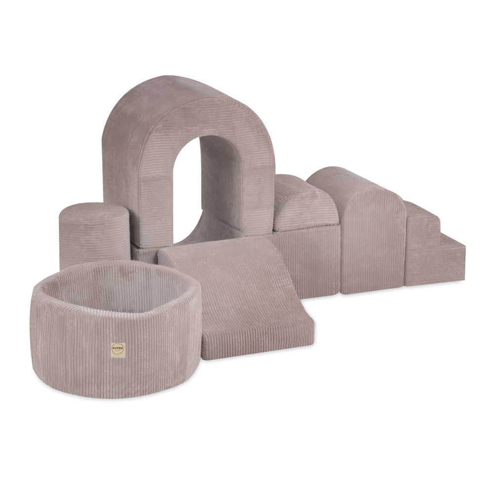 Château de terrain de jeu avec piscine +150 balles (perle, or) – Velours côtelé beige premium – Plush Nest Misioo myplayground