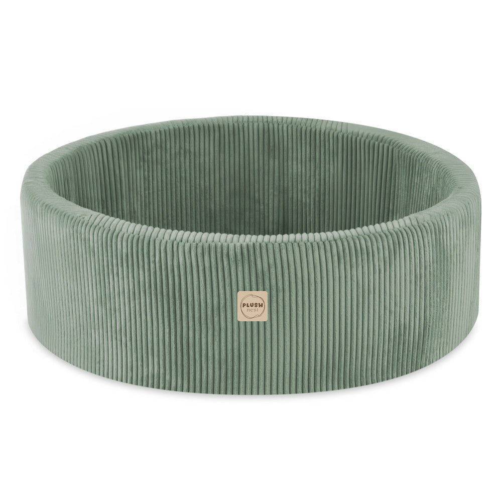 Terrain de jeu Dry pool + triangle – Velours côtelé vert premium, aire de jeu (+200 balles : perle, menthe perle, argent) – Plush Nest Misioo myplayground