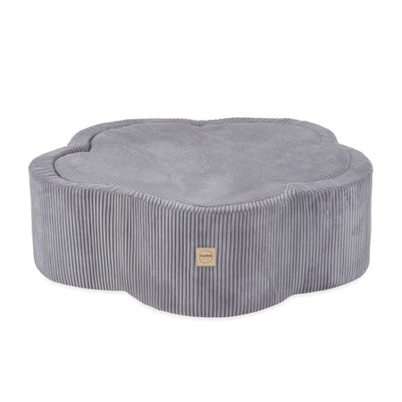 Piscine bébé sans balles Floral Fun Zone, design élégant en tissu gris velours côtelé, parfaite pour la motricité fine.