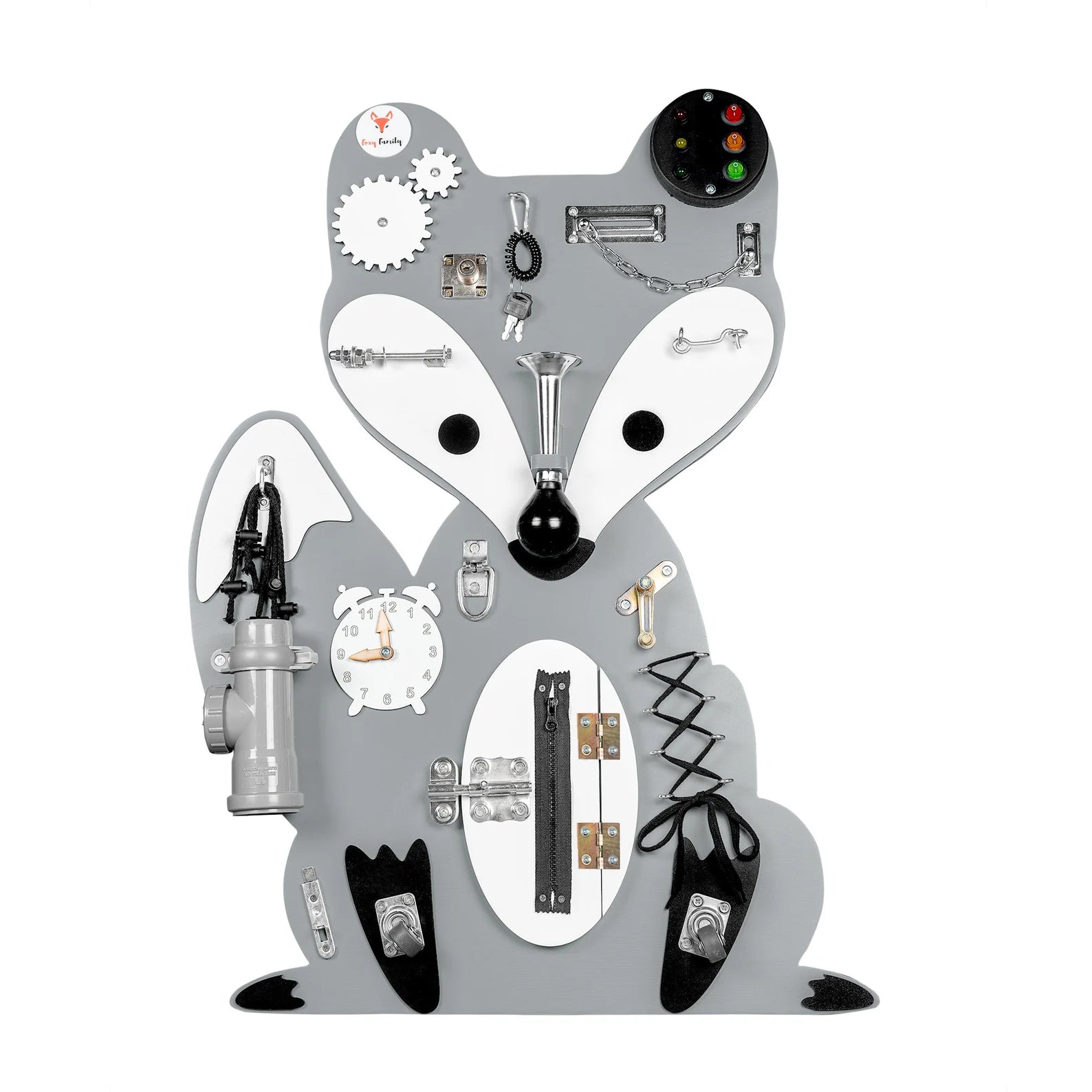 Fox Leo Gray Busy Board - Planche sensorielle - Jeu de motricite fine pour enfant ( 3 ans et + ) FoxyFamily Fox Leo Gray Busy Board - Planche sensorielle - Jeu de motricite fine pour enfant ( 3 ans et + ) myplayground