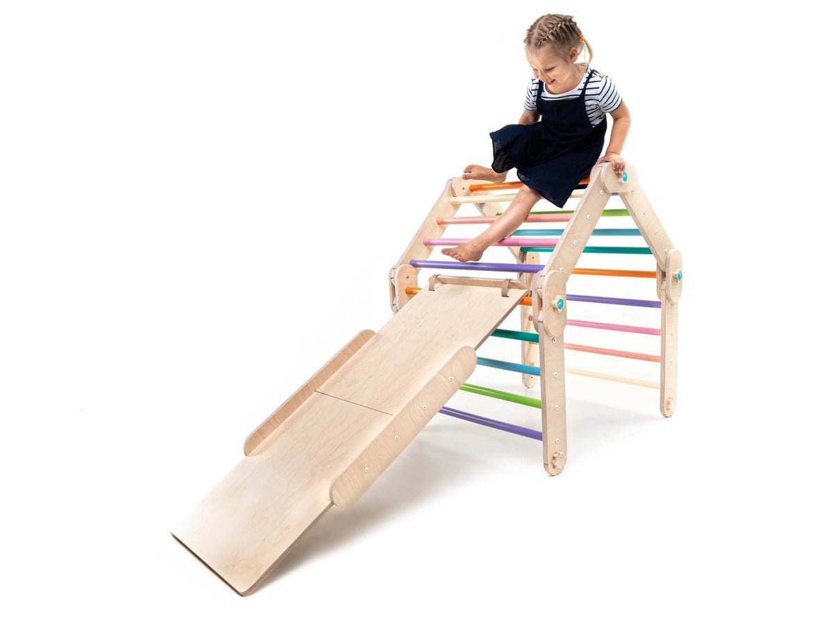 Triangle Pikler coloré avec rampe, transformable, HappyMoon - Jeu de motricité enfant - Happymoon - myplayground