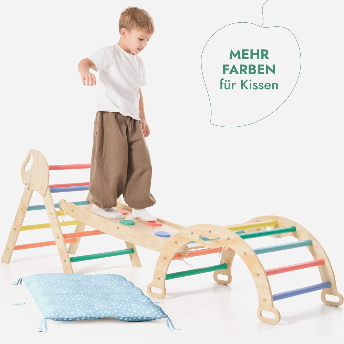 All In One Montessori Climbing Set For Toddlers 1 To 3 Rainbow Edition With Pikler Triangle Arch Slide Pillow by Goodevas