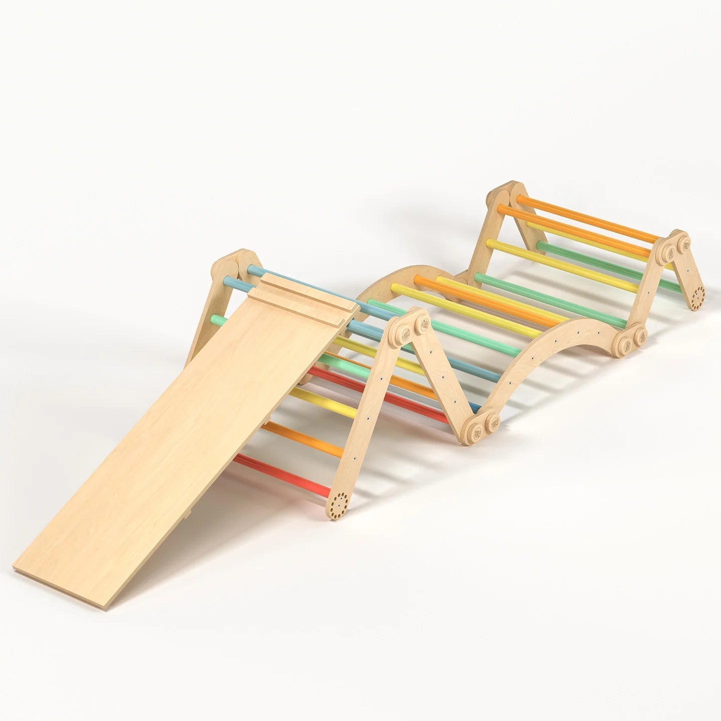 Ensemble d’escalade inclinable (set xl avec rocker + planche) - arc - en - ciel, bois brut (non verni), 18 à 24 mois - BusyKids - myplayground