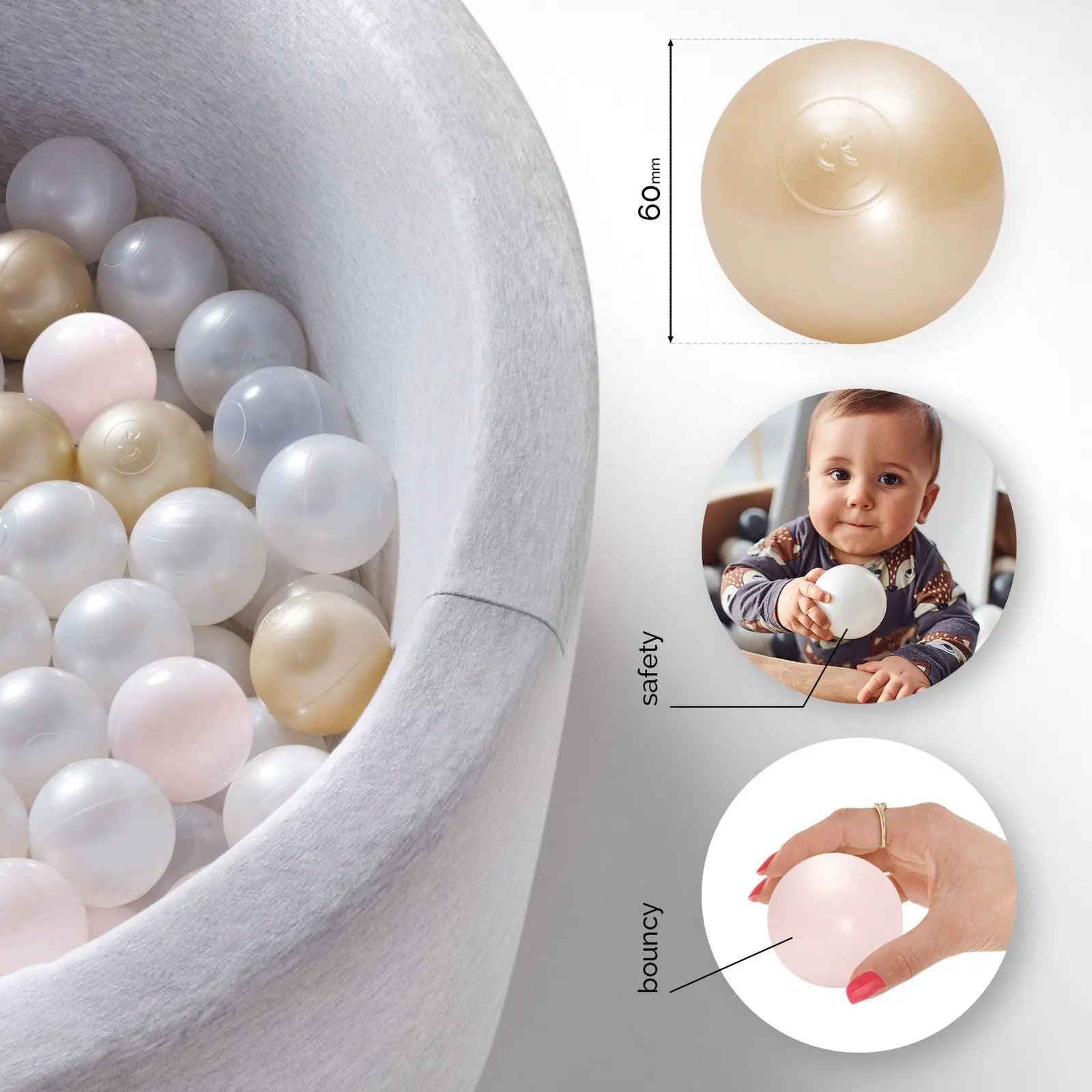 Boule de piscine à balles - 6 cm, lot de 200 pcs : perle, or, rose clair - Plush Nest - Misioo by Misioo