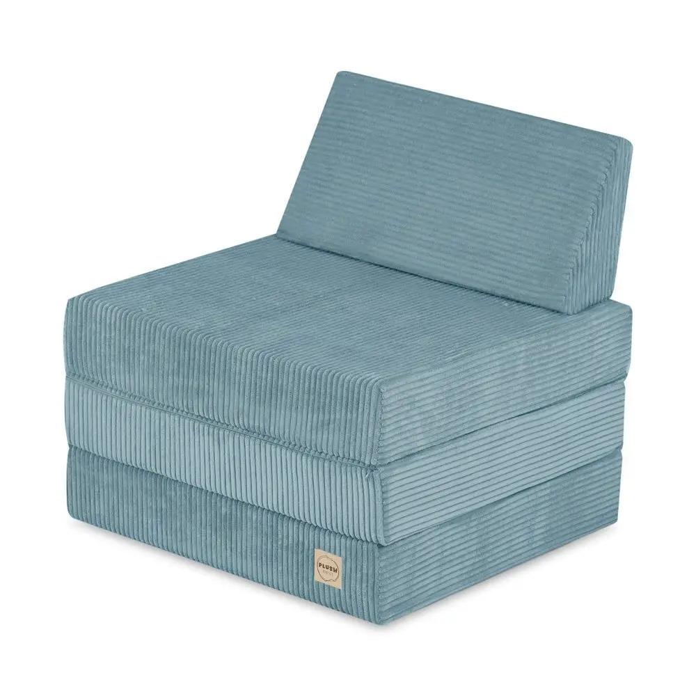 Matelas Foldie large avec appui-tête - Velours côtelé bleu premium - Plush Nest by Misioo