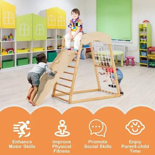 6-in-1 Jungle Gym Wooden Indoor Playground with Double-Sided Ramp and Monkey Bars-Multicolor by myplayground