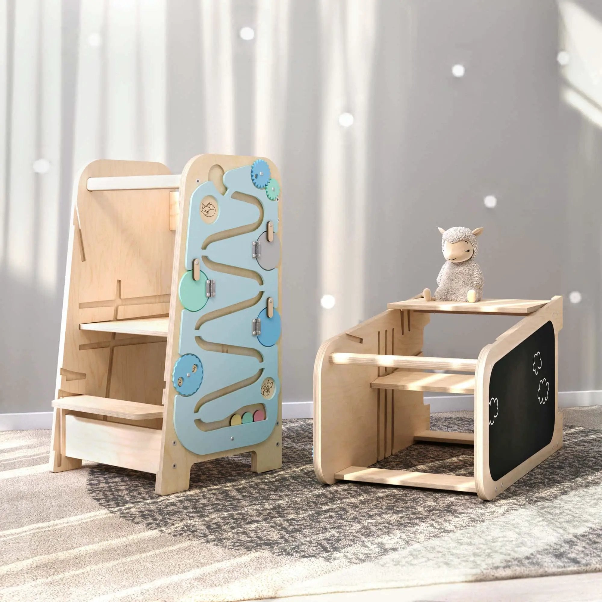 BusyKids - Tour d’Apprentissage Multifonctions 5 en 1 Menthe - Bois Brut (non verni) - 18 à 24 mois by BusyKids
