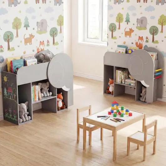 Montessori Bookshelf with Elephant Shape 3-Tier Toddler Toy Storage Organizer-Grey by myplayground