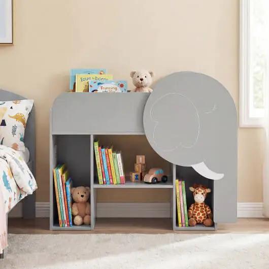 Montessori Bookshelf with Elephant Shape 3-Tier Toddler Toy Storage Organizer-Grey by myplayground
