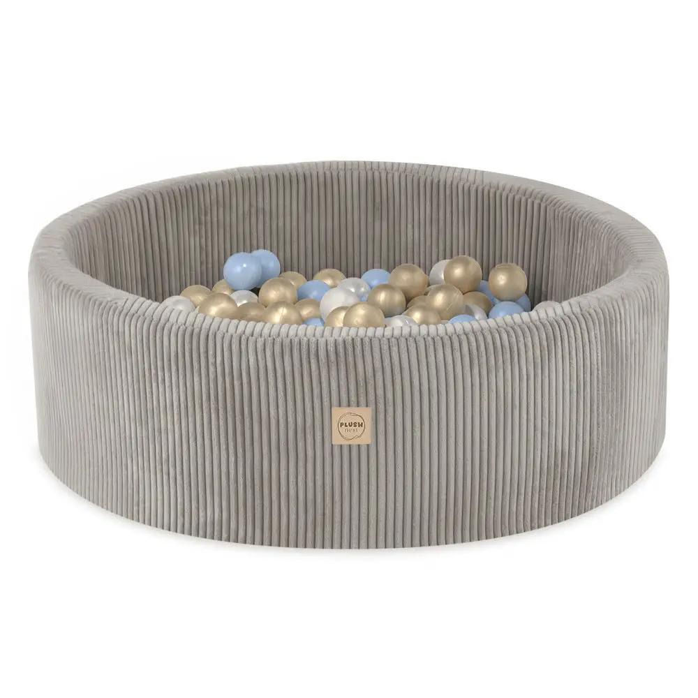 Piscine à balles - ronde 90x30 cm, beige velours côtelé (+ 200 boules perles, dorées, bleues ) – Plush Nest by Misioo