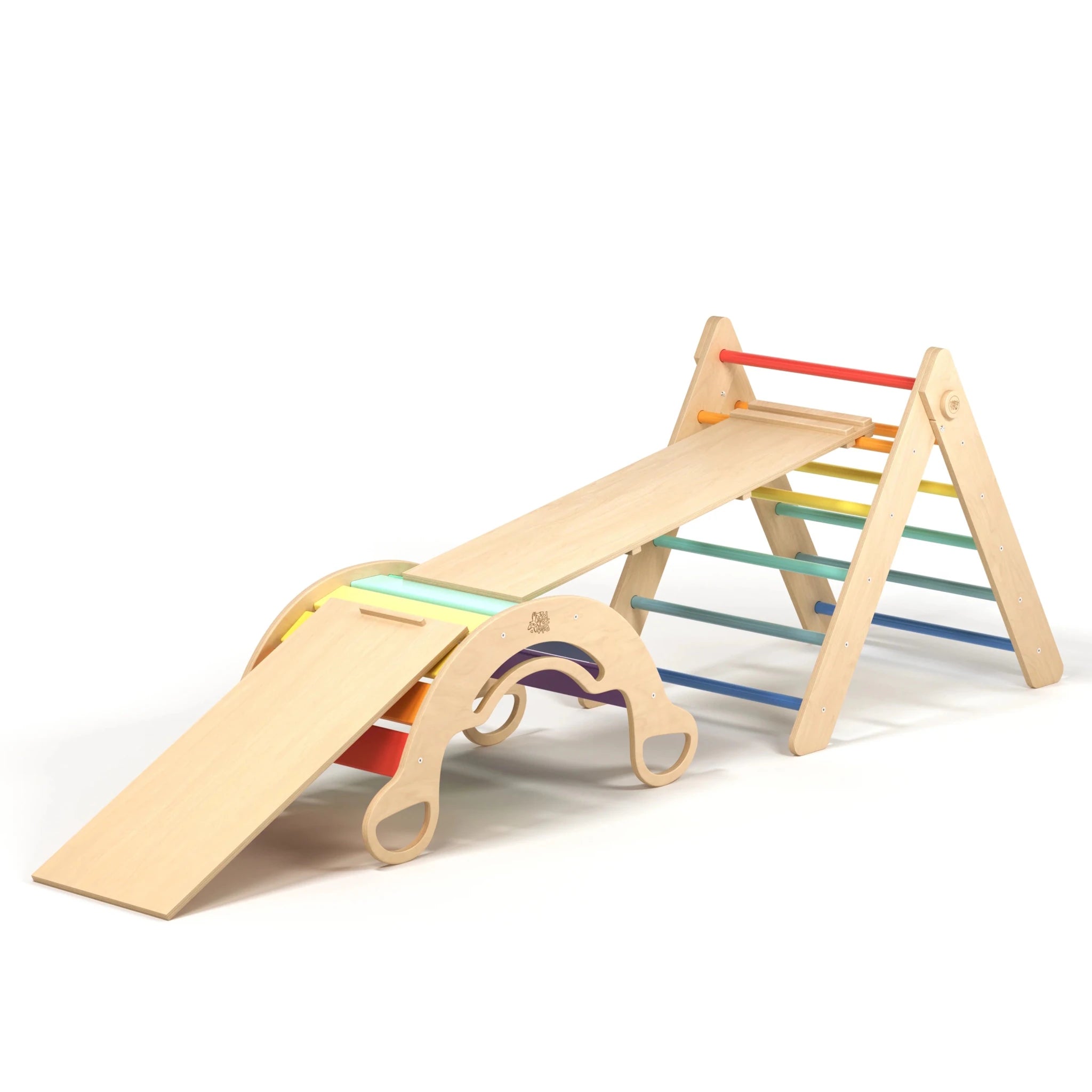 Ensemble triangle pikler + 2 Planches + bascule d’équilibre - arc-en-ciel, Bois Natura, 12 à 18 mois - BusyKids by BusyKids