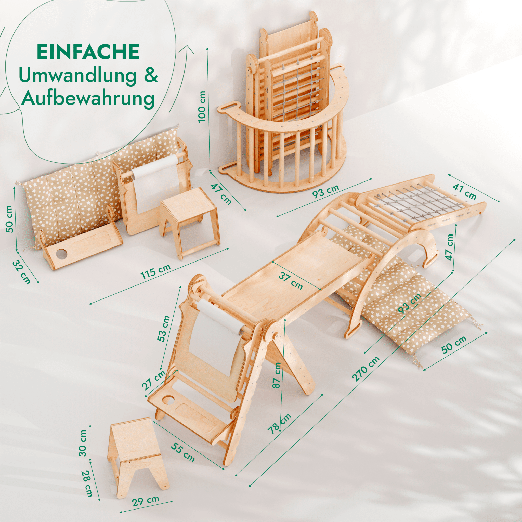 7in1 Montessori Klettergerüst Set: Kletterdreieck, Kletterbogen mit Kissen, Rutsche, Kletternetz, Maltafel und Kinderstuhl, für Kinder 1 - 7 Jahre – Beige - myplayground