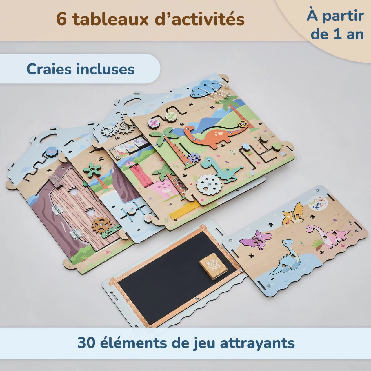Busy Board Maisonnette Éducative DINO Équipé d'un Éclairage - Bois Natura, 12 à 18 mois - BusyKids - myplayground