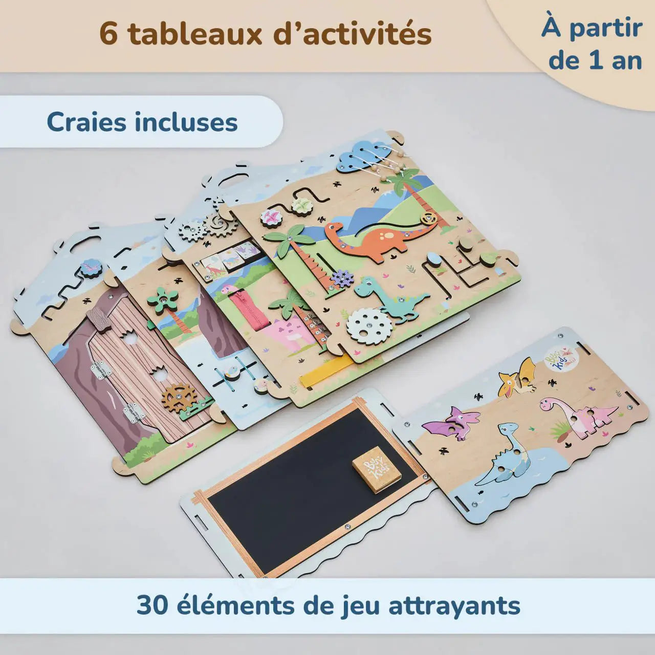 Busy Board Maisonnette Éducative DINO Équipé d'un Éclairage - Bois Natura, 12 à 18 mois - BusyKids by BusyKids