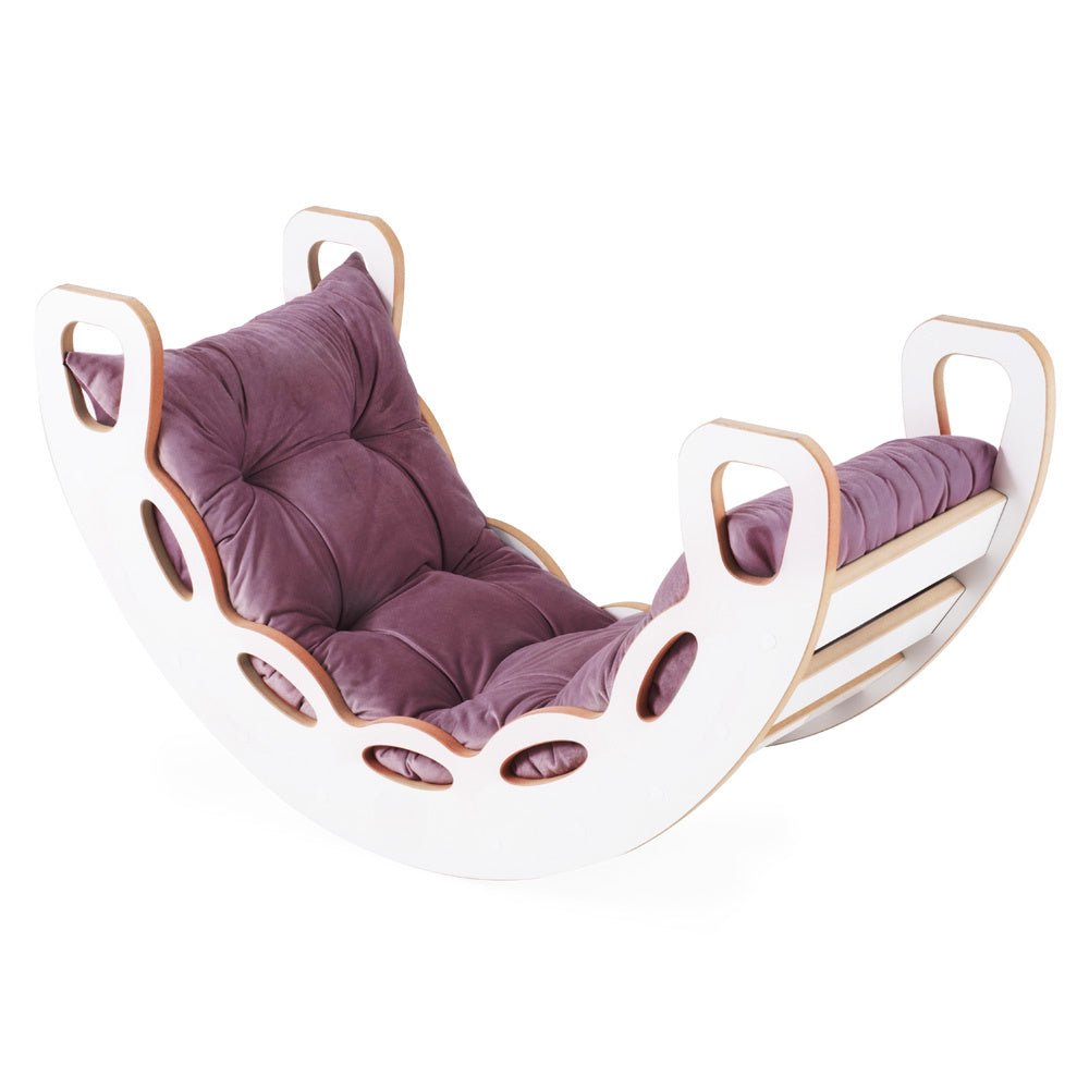 Bascule 4 en 1 - bois blanc, avec mur d’escalade, toboggan et coussin en velours lilas, motricité - Plush nest - myplayground
