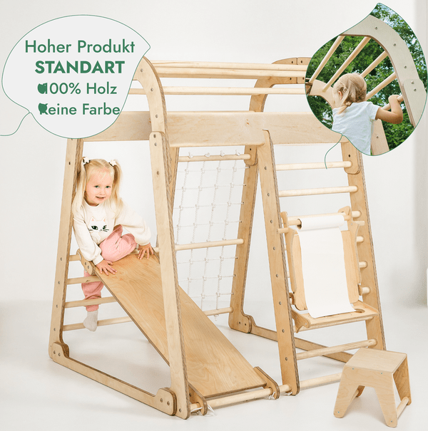 8in1 Indoor Spielplatz: Klettergerüst mit Kletternetz, Rutsche, Gymnastikringe, Hängende Leiter, Disc - Schaukel, Maltafel und Kinderstuhl – Beige - myplayground