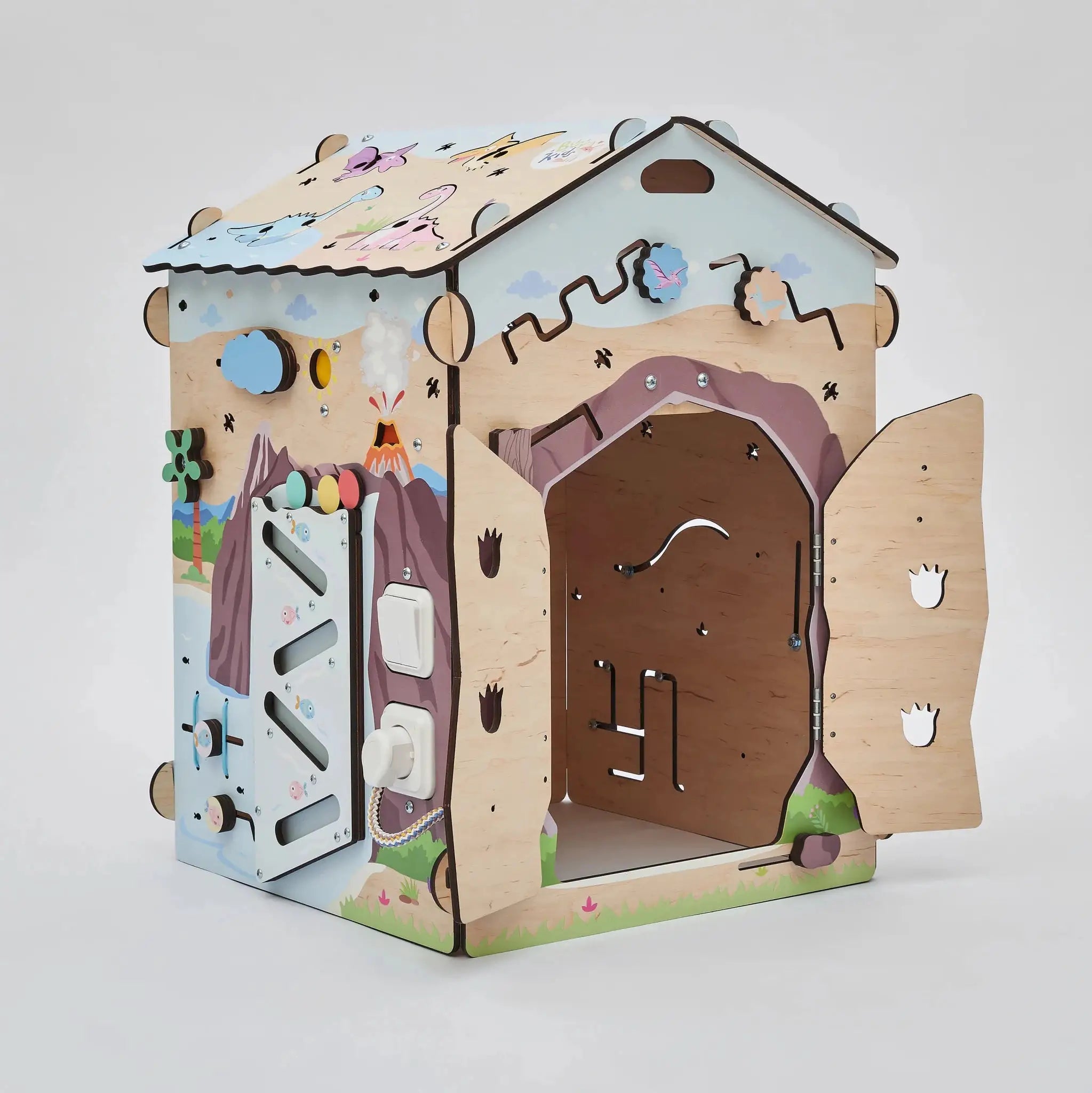 Busy Board Maisonnette Éducative DINO Équipé d'un Éclairage - Bois Natura, 12 à 18 mois - BusyKids by BusyKids