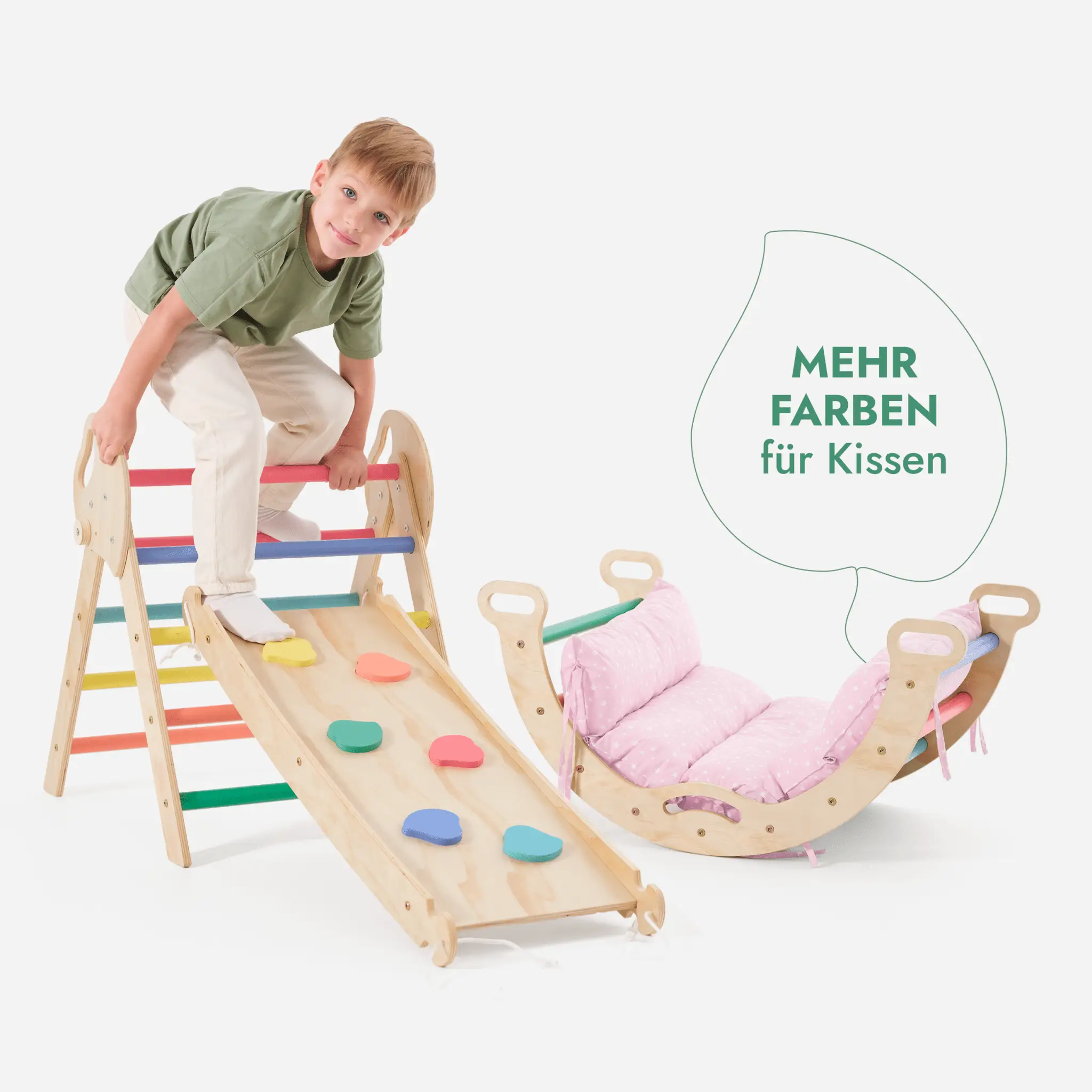 All In One Montessori Climbing Set For Toddlers 1 To 3 Rainbow Edition With Pikler Triangle Arch Slide Pillow by Goodevas