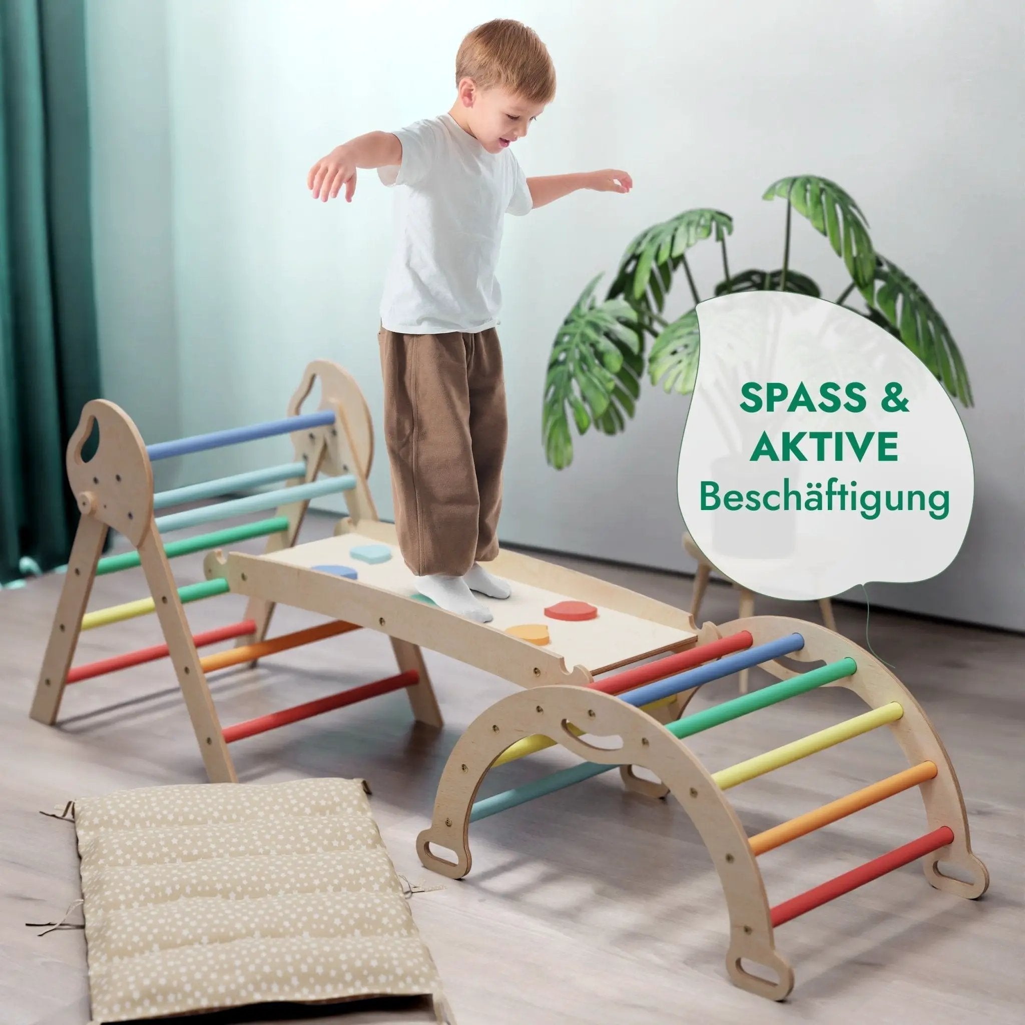 All In One Montessori Climbing Set For Toddlers 1 To 3 Rainbow Edition With Pikler Triangle Arch Slide Pillow by Goodevas