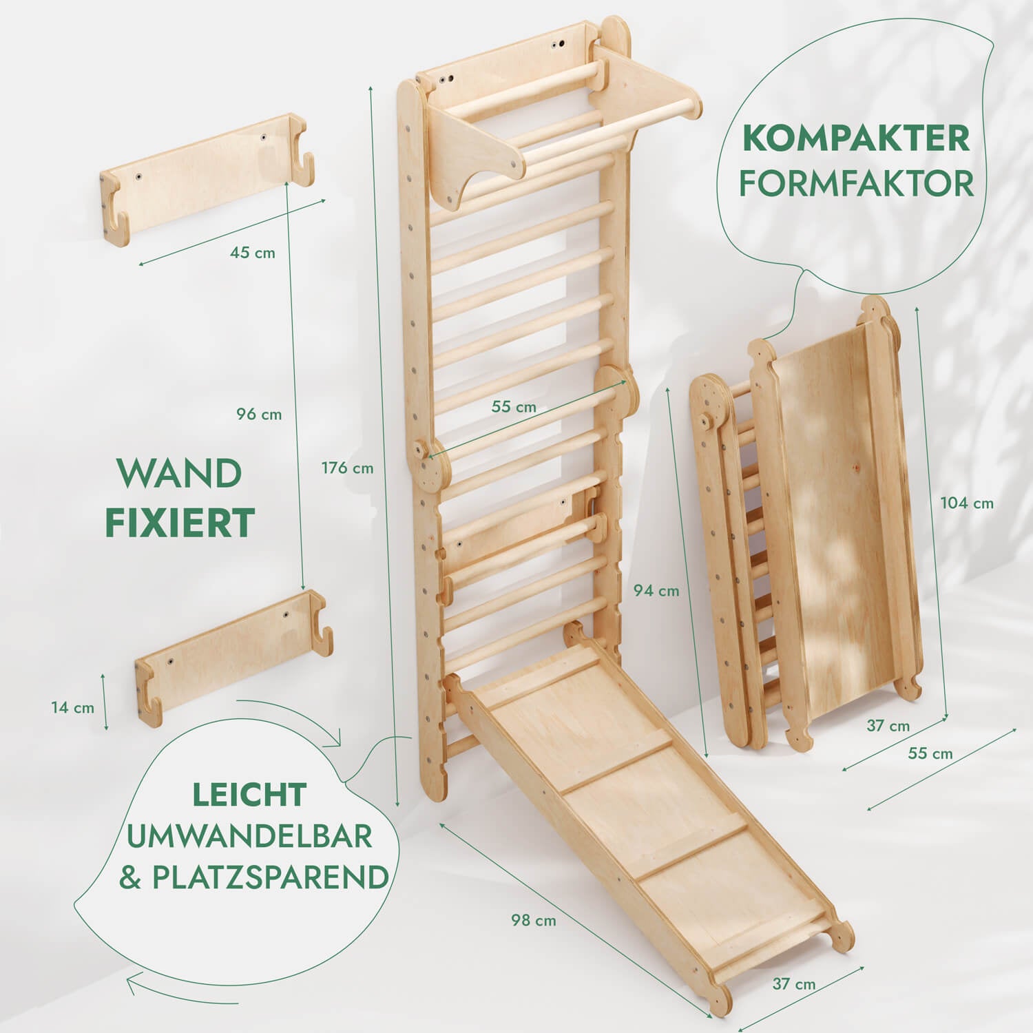6in1 Kletterwand Indoor: Sprossenwand, Gymnastikringe, Hängende Leiter, Disc - Schaukel, Rutsche und Klimmzugstange für Kinder - myplayground