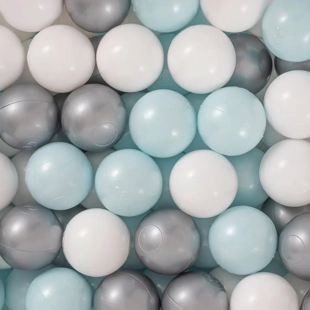 Piscine à balles - ronde 90x30 cm, gris clair, coton (+ 200 boules menthe, argenté, blanche) -Plush Nest- Misioo by Misioo