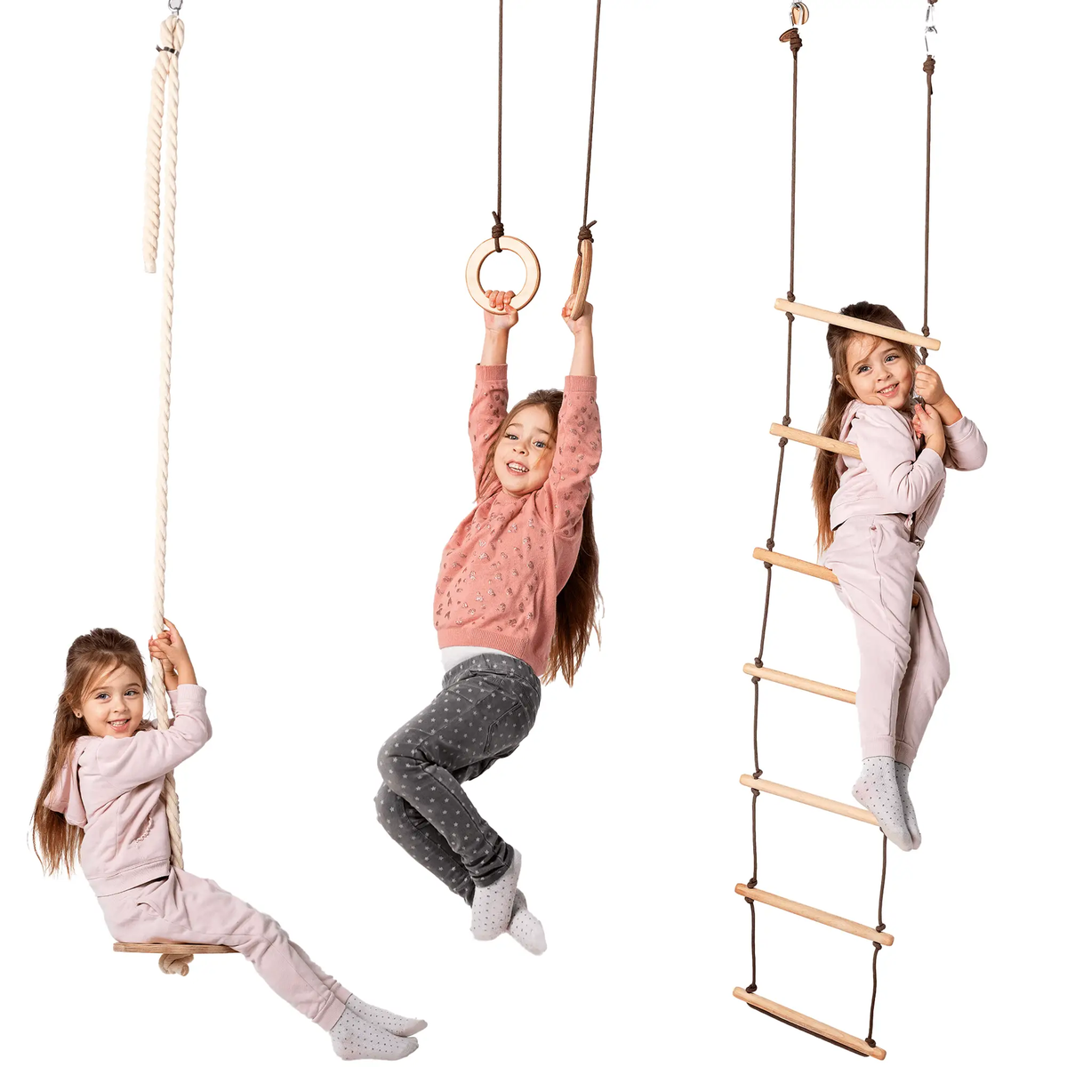 Three Swing Set With Disc Swing Rings And Rope Ladder For Toddlers Builds Balance And Confidence Indoor Outdoor Gym by Goodevas