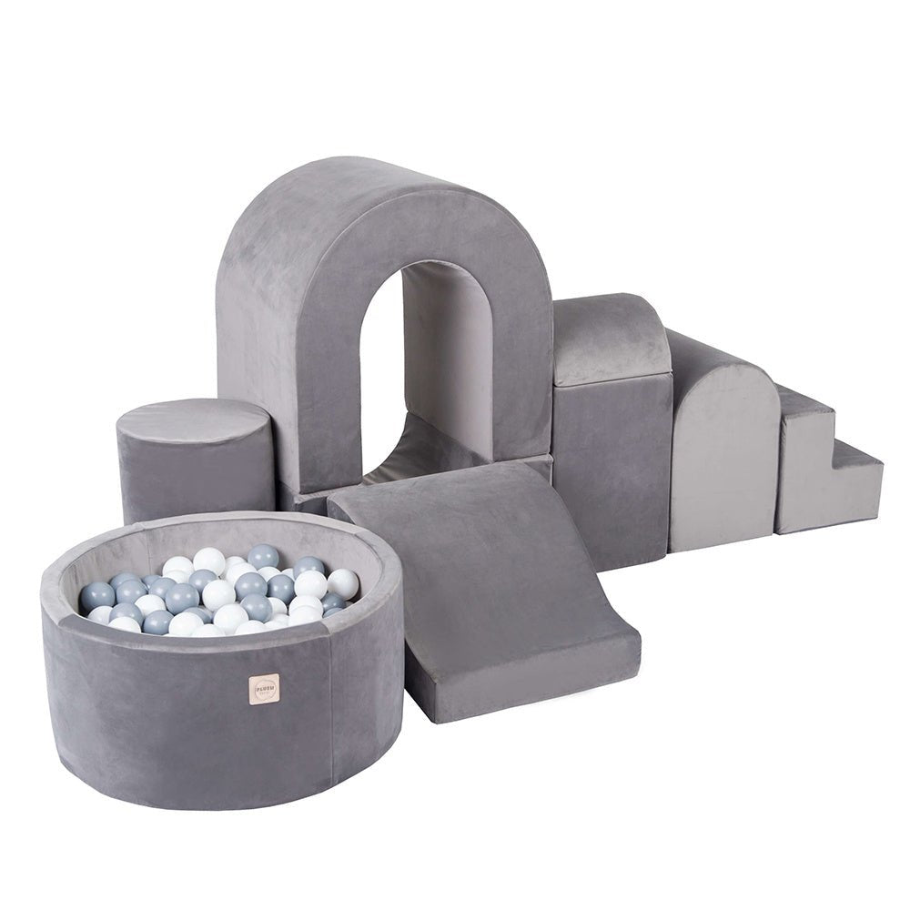 Château de terrain de jeu avec piscine + 150 balles – Velours gris – Plush Nest - myplayground
