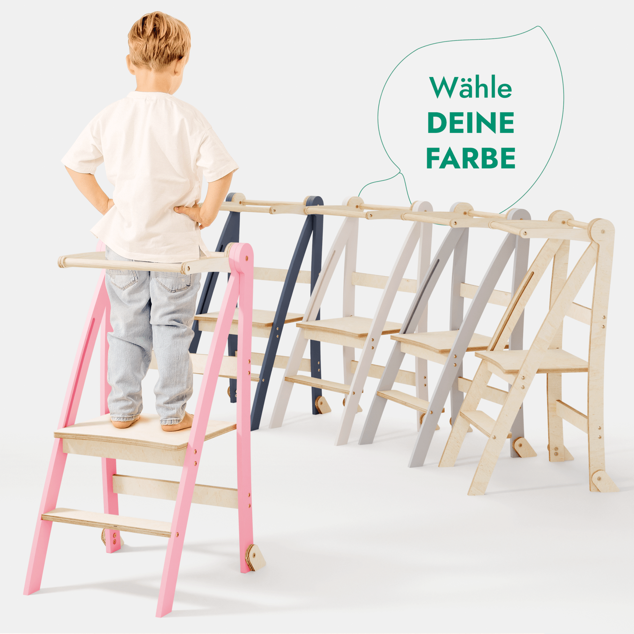 Holz Lernleiter Montessori: Multifunktionaler, klappbarer Lernturm für Kinder – Rosa - myplayground