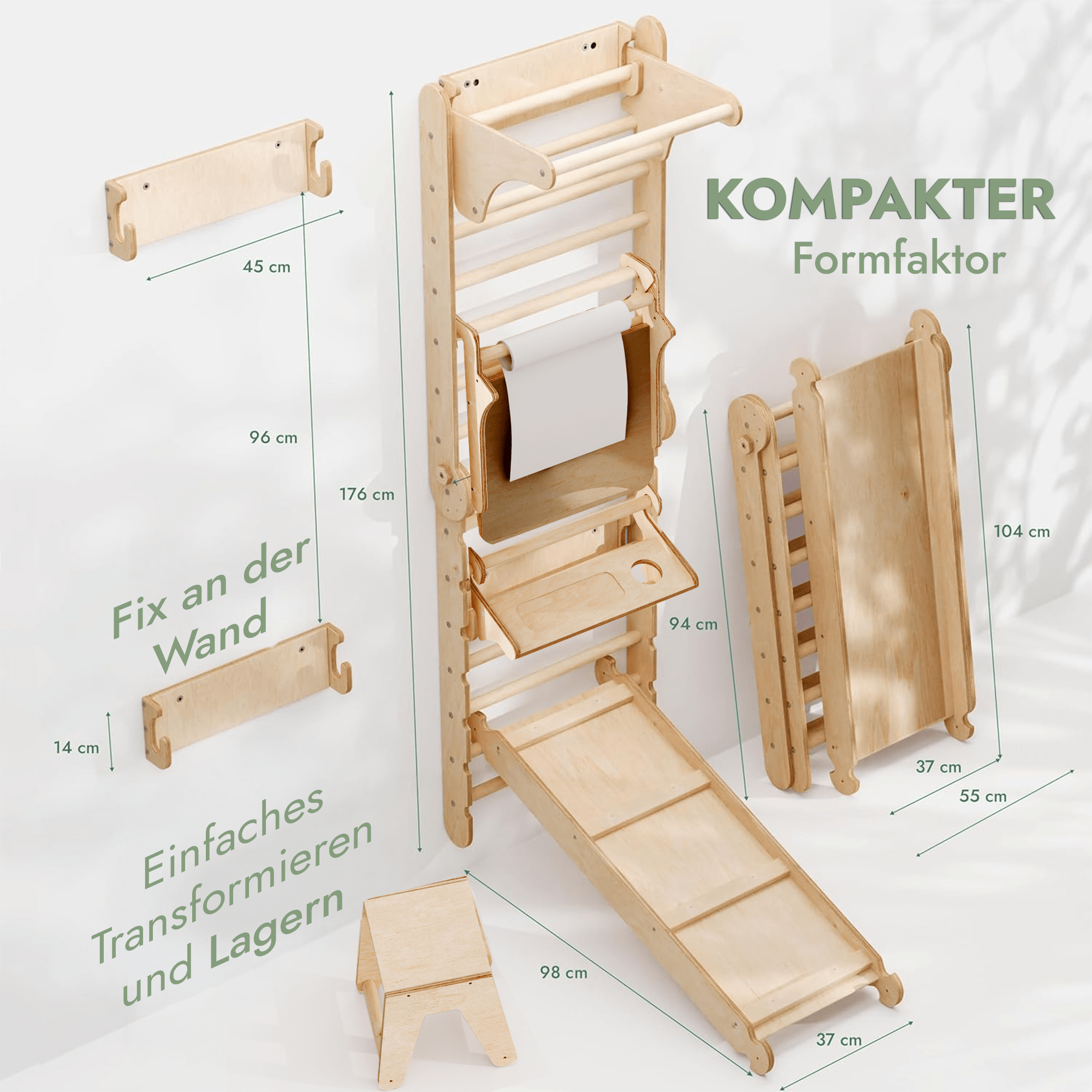 8in1 Kletterwand Indoor: Sprossenwand, Gymnastikringe, Hängende Leiter, Disc - Schaukel, Rutsche, Klimmzugstange, Maltafel und Kinderstuhl für Kinder – Beige - myplayground
