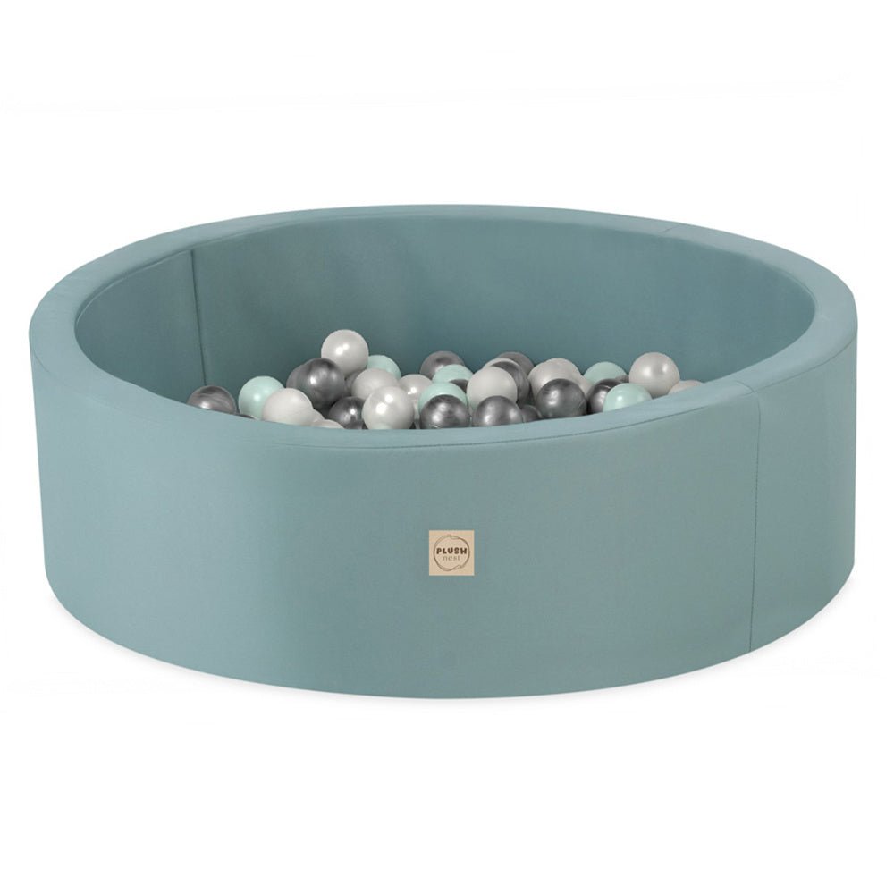 Piscine à balles extérieure - ronde 90x30 cm, verte imperméable ( 200 balles menthe, argent, perle)– Plush Nest by Misioo